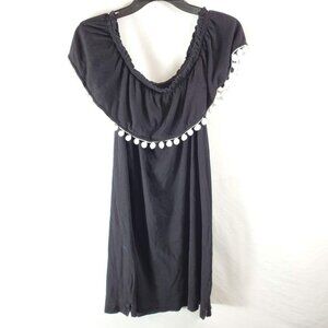Current/Elliott Off the Shoulder Black Dress with White Pom Poms